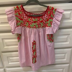 Mi Golondrina Soledad Pink Stripe, Red and Green Embroidered Blouse, Medium